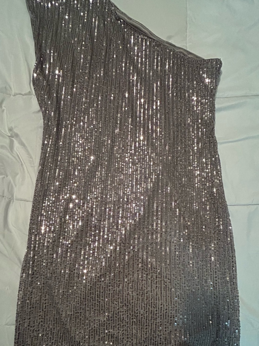 Grace Karin One-Shoulder Silver Sequin Dress